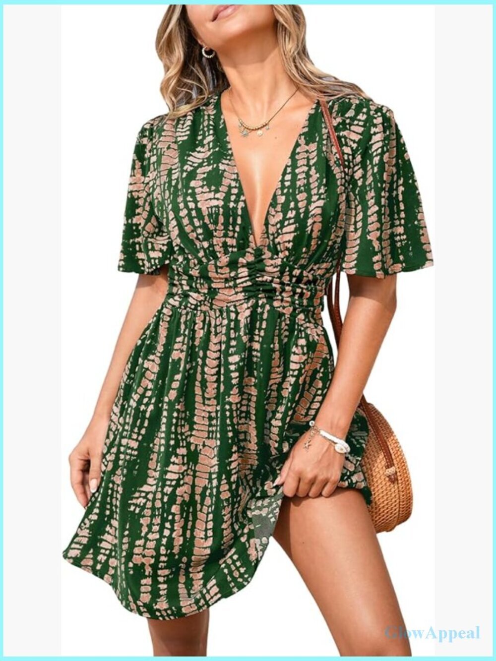 Plunging V Neck Short Sleeve Elastic Waist Mini Dress Summer Casual Fit & Flare